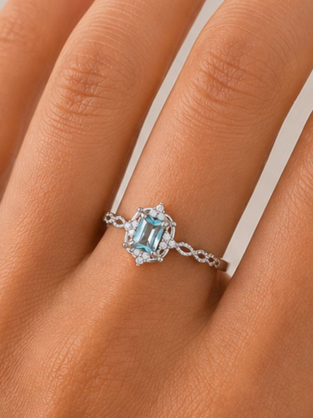 NEW 14k White Gold Aquamarine Diamond Ring Emerald Cut - Picture 1 of 6
